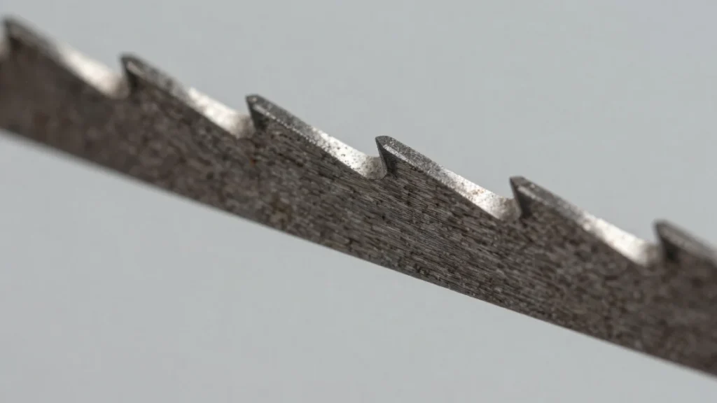 Close-up view of bimetal bandsaw blade tooth profile and cutting edge